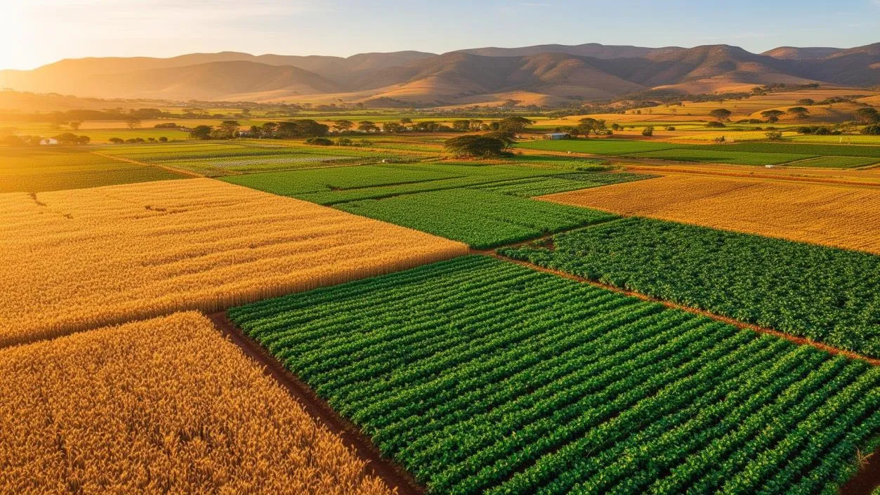 Golden sunlight over agricultural fields